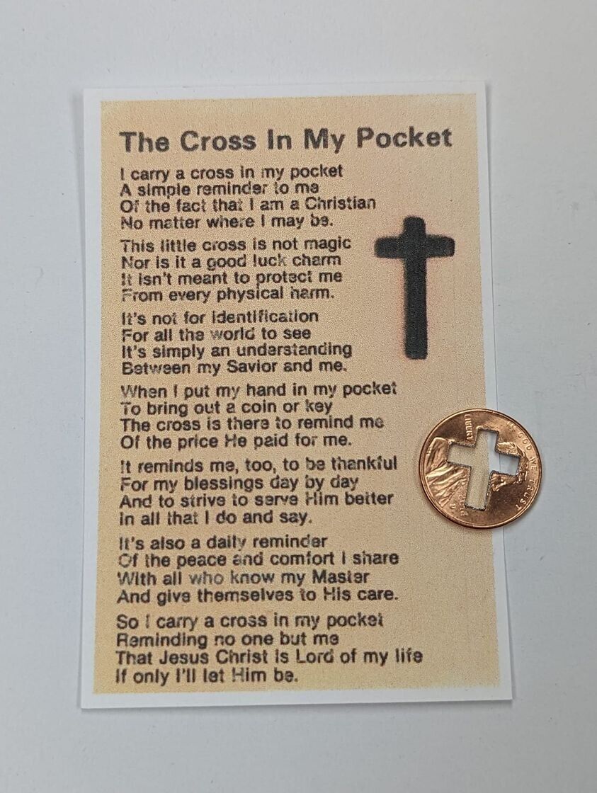 The Cross In My Pocket poem card with a cut out penny cross