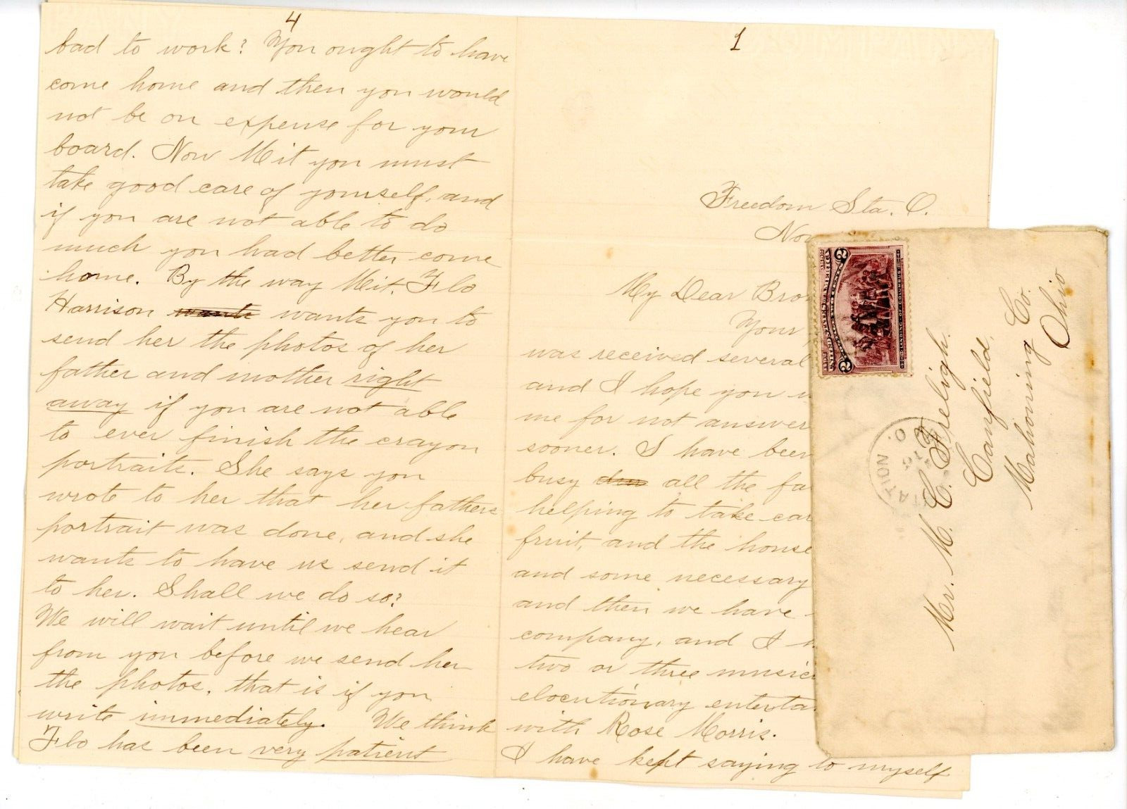 1893 Handwritten letter Envelope Freedom Station Ohio Columbus Stamp M C Freligh