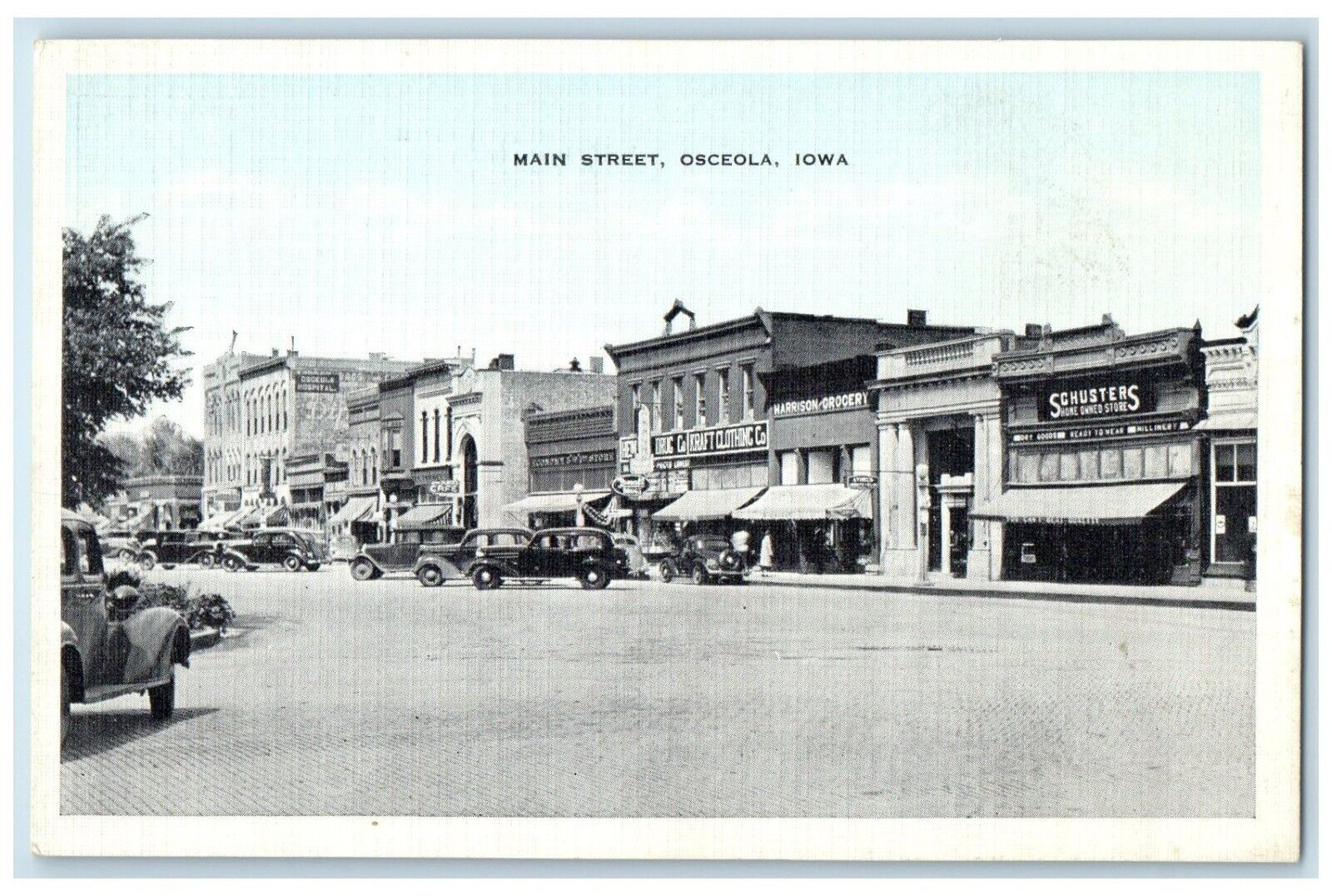 c1930\'s Main Street Harrison Grocery Stores Cars Osceola Iowa IA Postcard