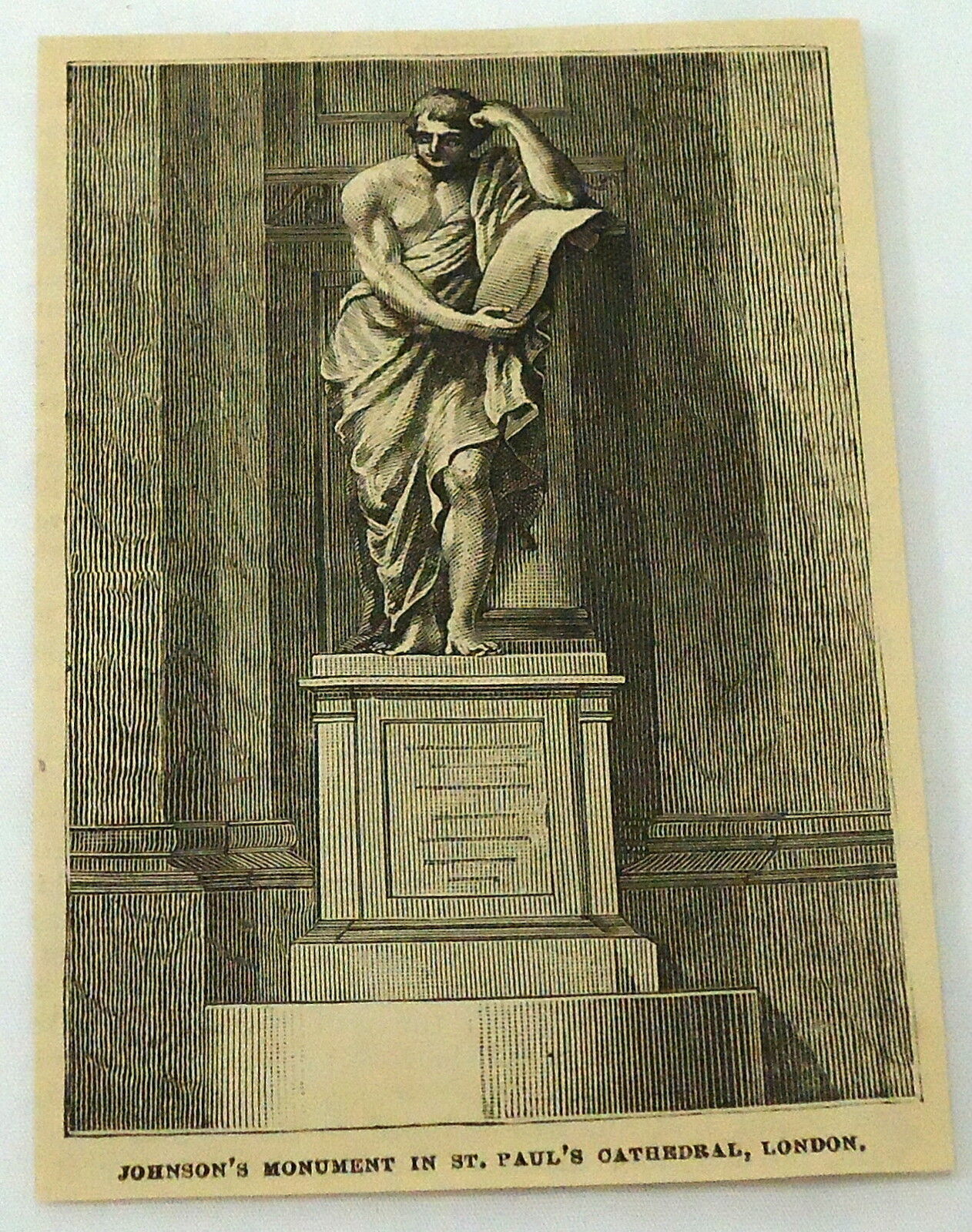 1881 magazine engraving ~ SAMUEL JOHNSONS MONUMENT ~ St. Pauls Cathedral, LONDON