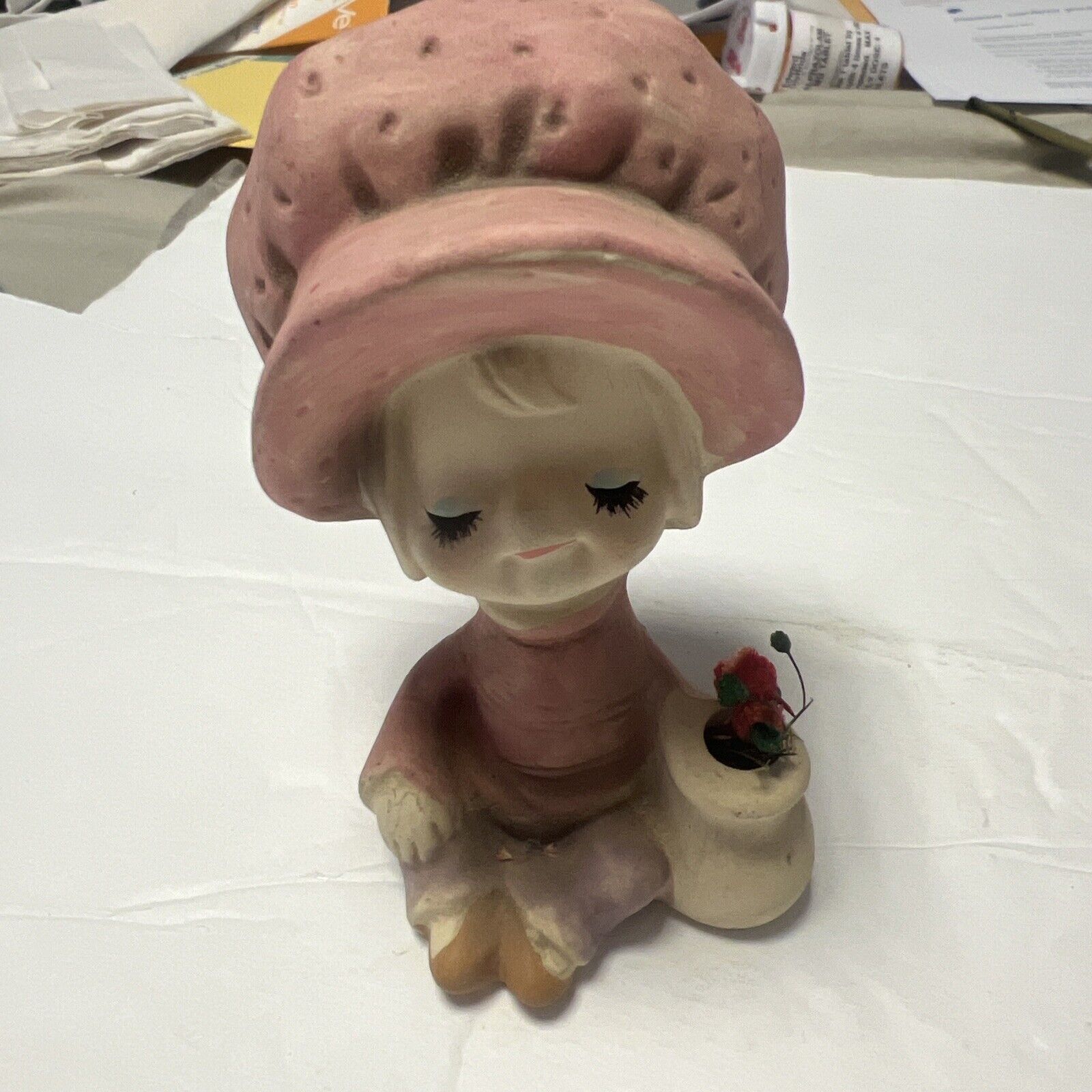 Vintage UCTCI Japan Big Pink Hat Girl Figurine with Flower In Pot 1970sMCM