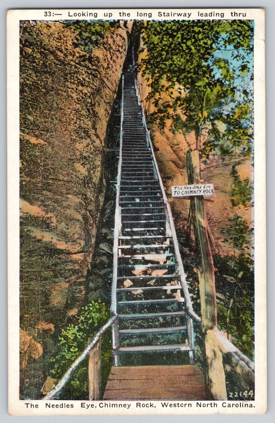 Postcard North Carolina Needles Eye Chimney Rock Looking Up Long Stairway