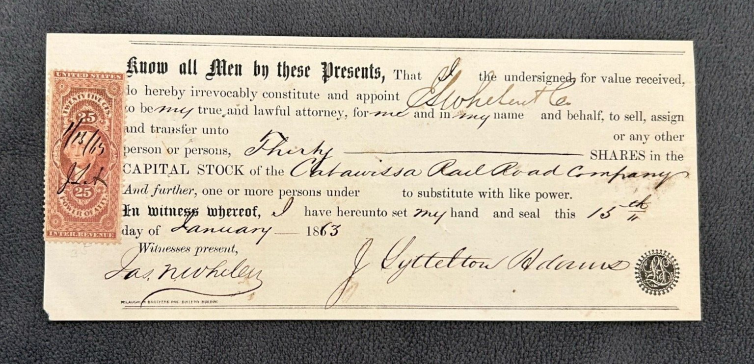 1863 Catawissa Railroad Document Revenue Stamp Stock Transfer