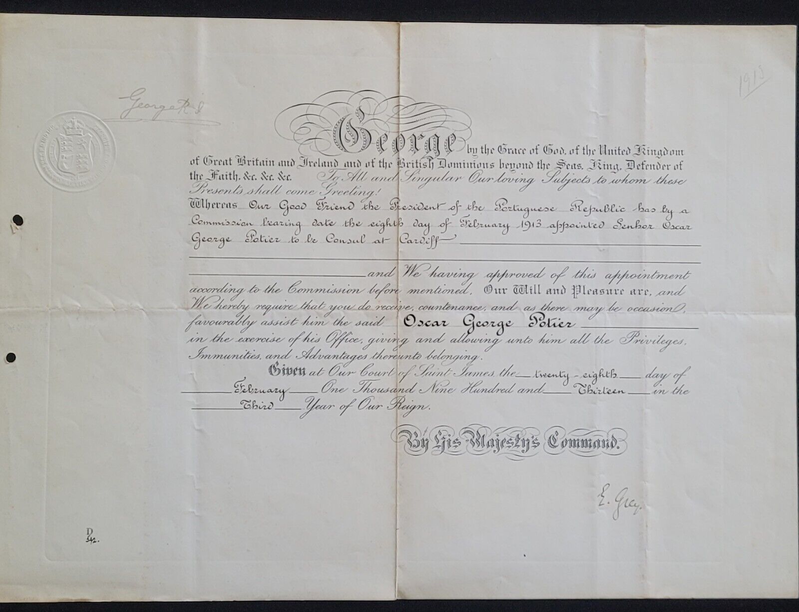1913 King George V Signed Earl Grey Autograph Royal Document British Royalty UK