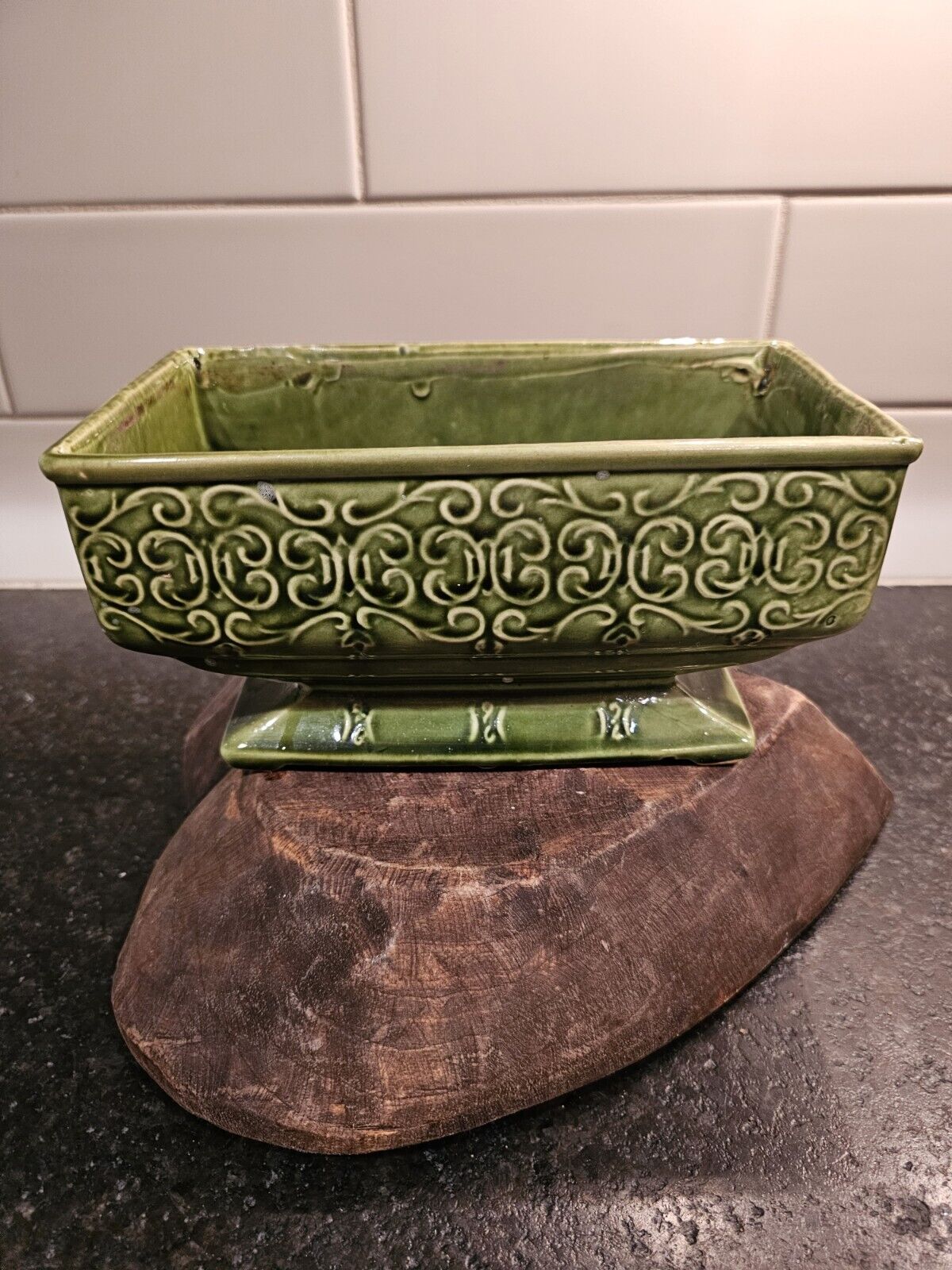 Vintage Moss Green Ceramic Footed Scroll Patterned Planter