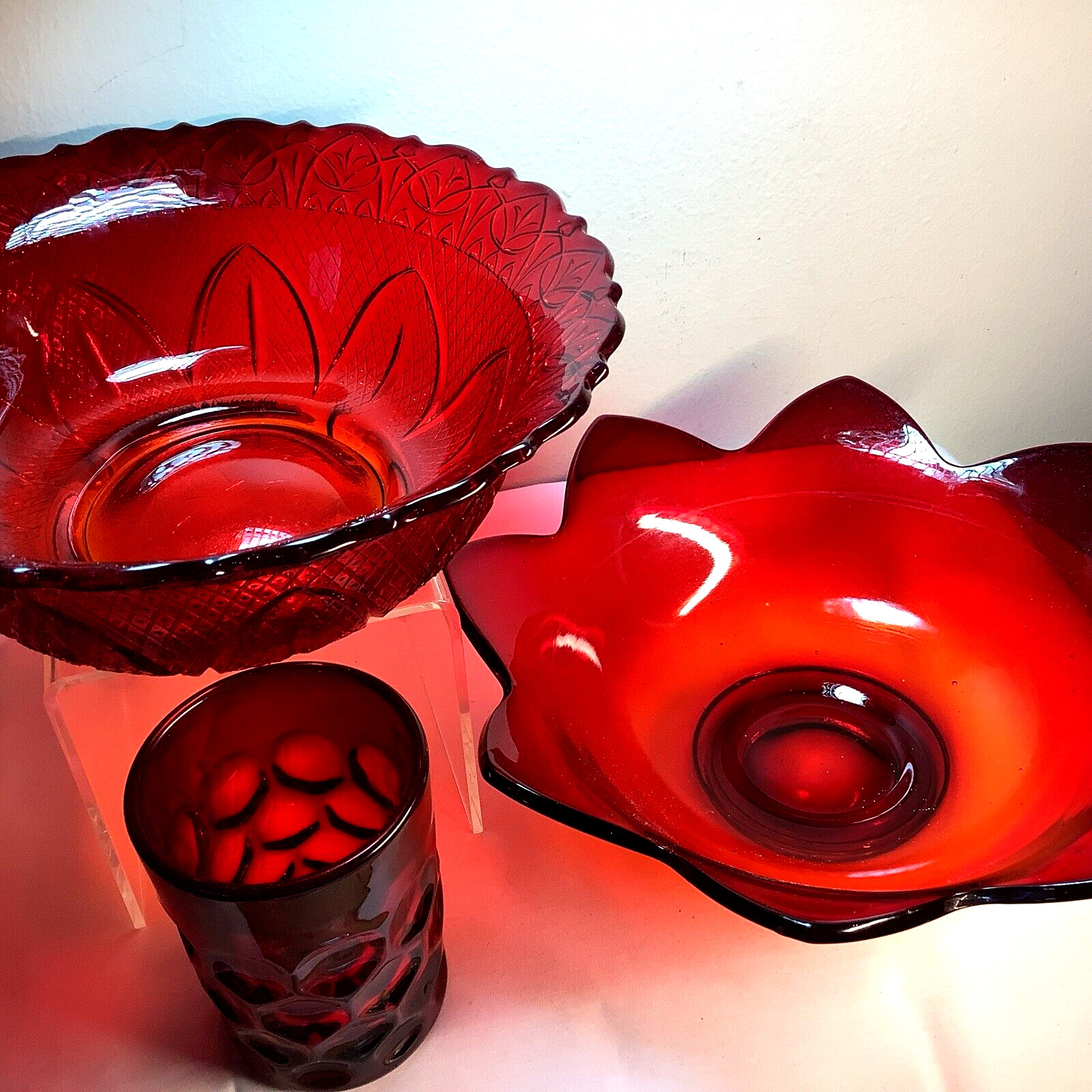 Lot Fenton Red Amberina Lotus Petal & Diamond Pattern Bowl Thumbprint Art Glass