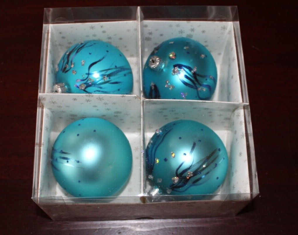 lge glass decor christmas ornaments new nip set of 4 aqua blue hand blown Poland