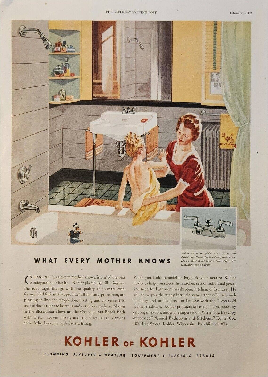 1947 Kohler of Kohler Vintage Ad What every mother knows