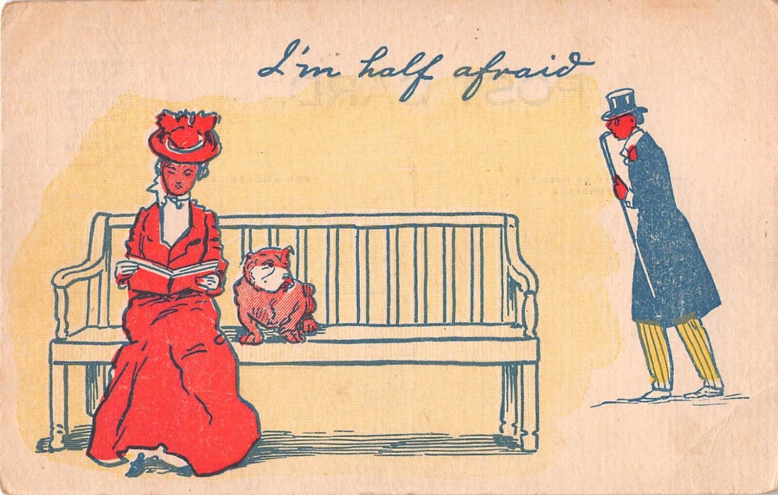 1908 Comic PC of Man Spotting Pretty Lady on Bench by Bulldog-I\'m Hafg Afraid