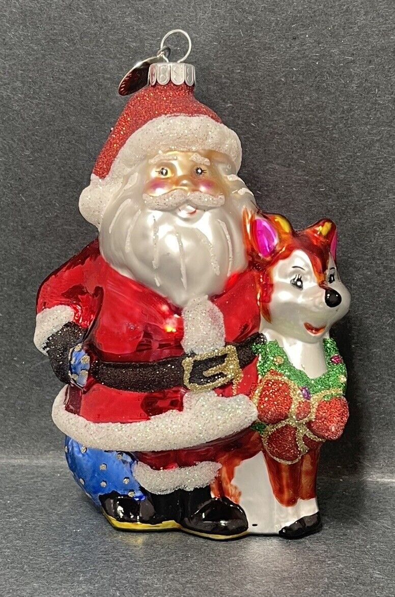 Christopher Radko Christmas Glass Large Santa with Reindeer Ornament