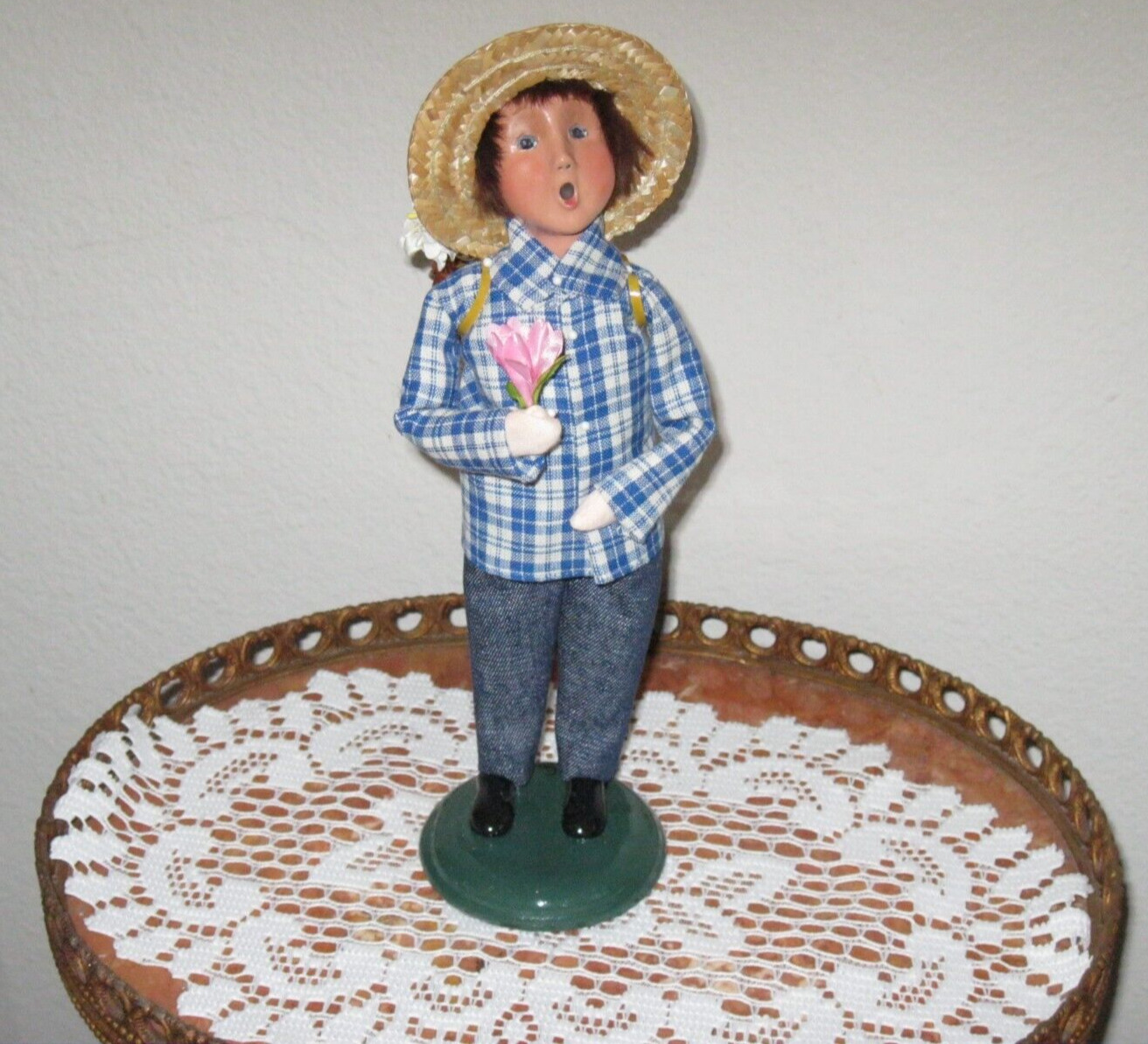 BYERS CHOICE , SPRING BOY,  2024, just ADDED, BLue Clothes, Pink Flower, DAISY