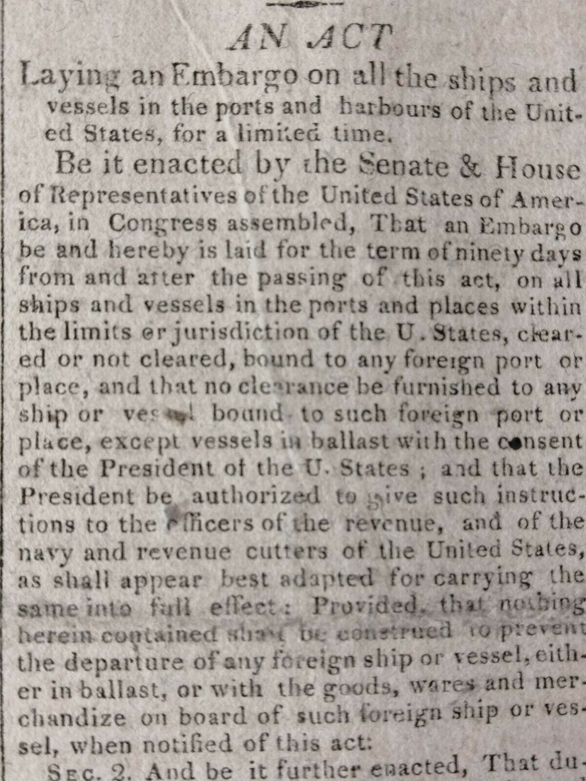 Newspapers- War of 1812: Embargo Act On All Ships- President James Madison