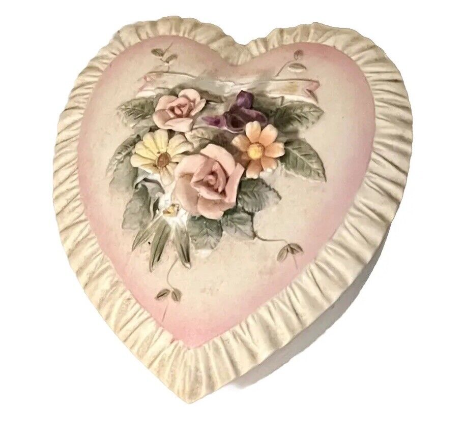 Vintage Pink & White Porcelain Heart Shaped Floral Trinket Box LID FLOWERS CHIP