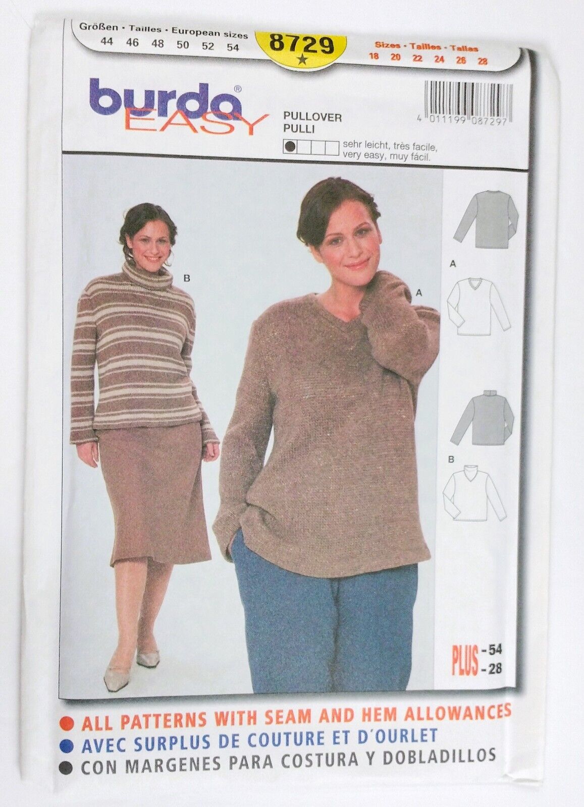 Burda easy Pattern 8729 Women\'s Knit Pullover Top Size: 18-20-22-24-26-28 Uncut