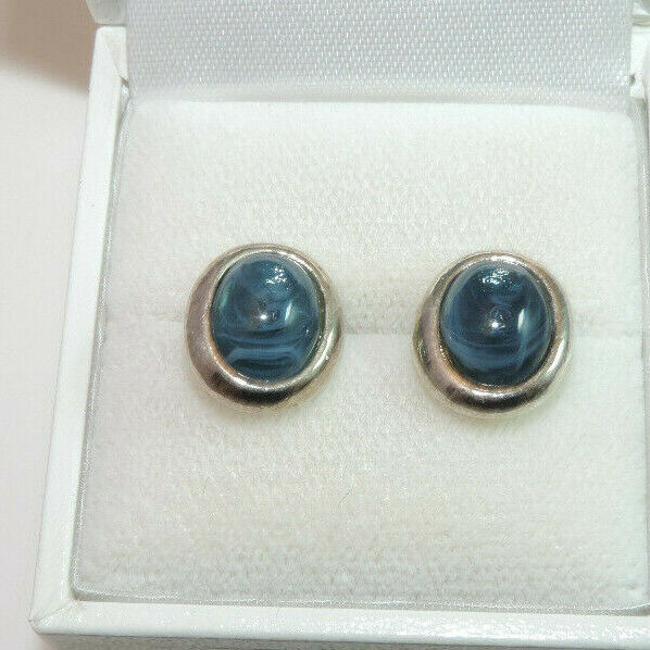  Signed M&S Blue Swirled Glass Agate Cabochon  Silver tone Stud Earrings Cg 51
