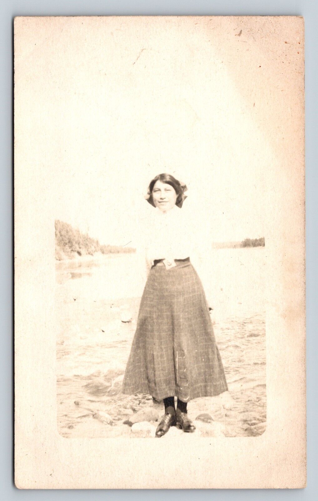 c1913 RPPC Lady in Blouse & Skirt On Rocky Beach ANTIQUE Postcard 1325
