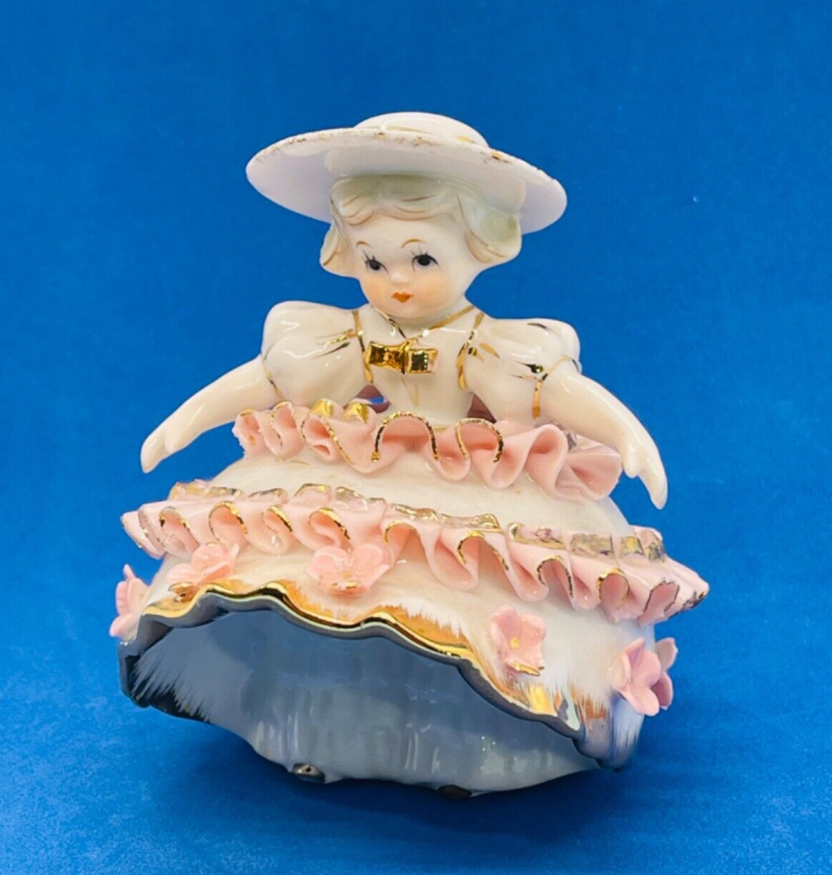 Vintage Lefton Bloomer Girl Figurine Pink  #KW1412  1950\'s JAPAN Signed