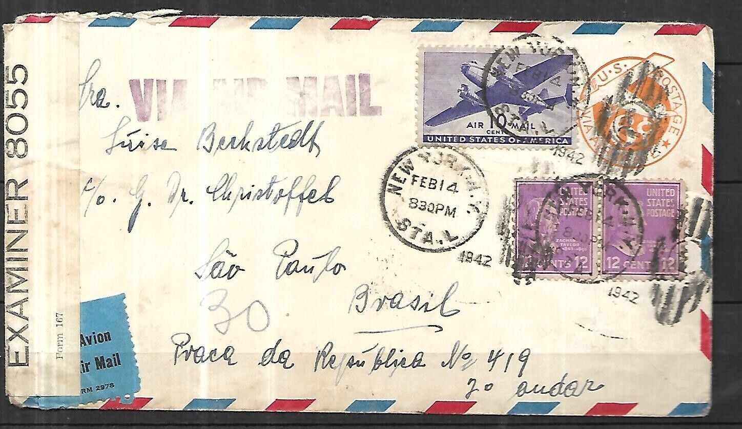 USA Censored Airplane Letter 23 11 1942 NEW YORK for SAO PAULO
