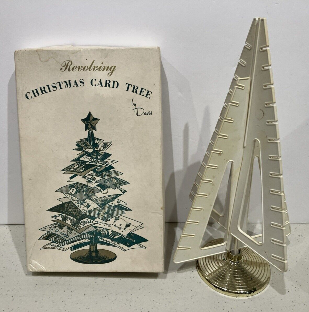 Christmas Tree Card Holder in Box Revolving Plastic Holiday Mail Davis Vintage