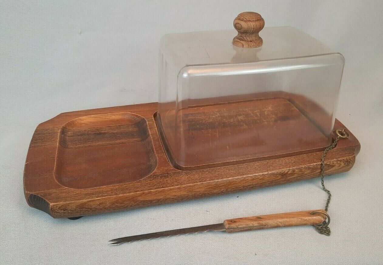Vintage Gail Craft Keyakiwood Cheese Board With Dome Cover & Removable Knife