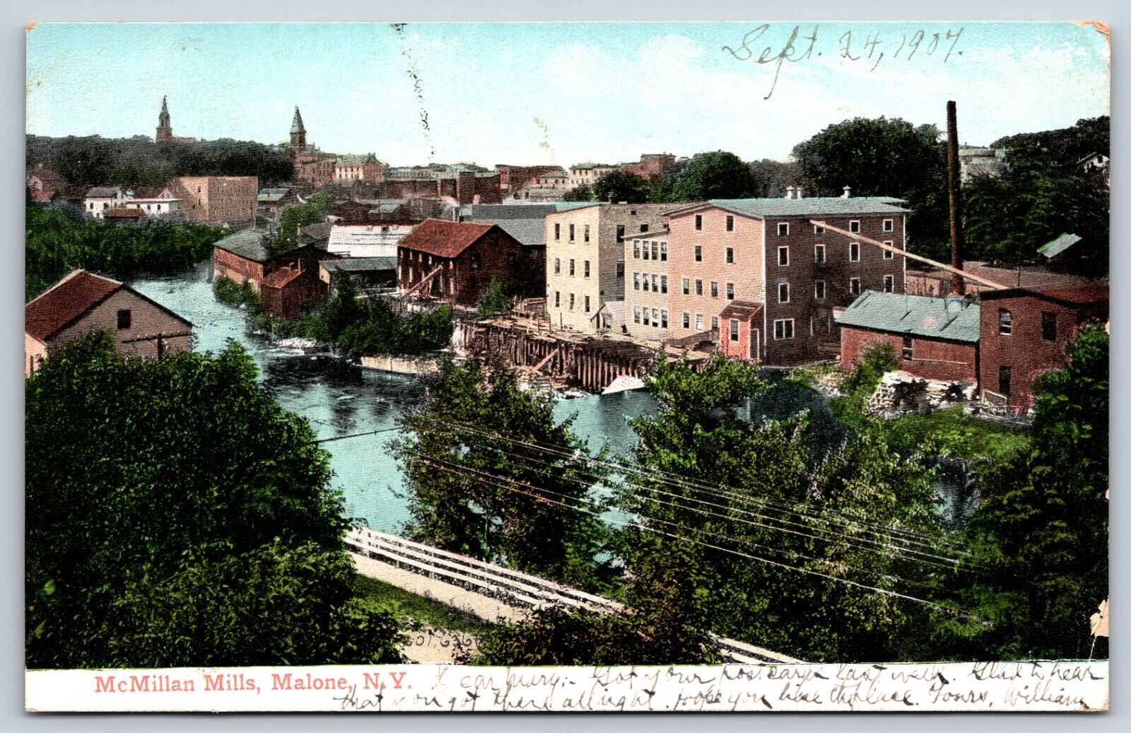 Postcard Bird\'s Eye View Of McMillan Mills, Malone New York NY Posted 1904
