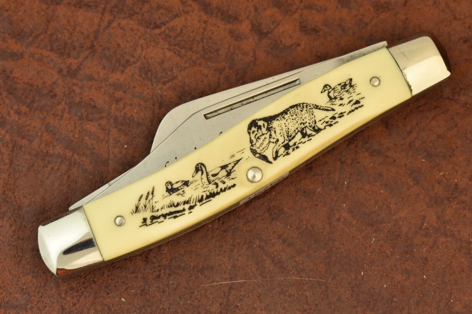 SCHRADE MADE IN USA SCRIMSHAW DUCK DOG RETREIVER STOCKMAN KNIFE 505SC (15756