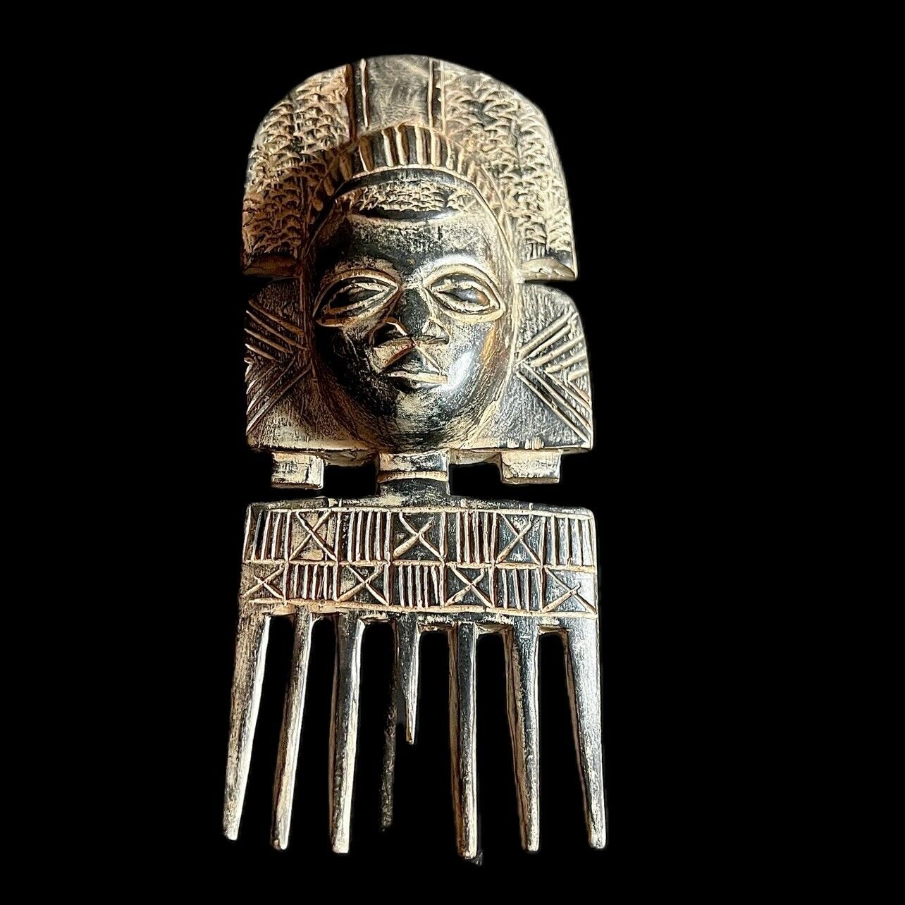 African Tribal Art Wooden Carved African Comb Antique Hair Pick Benin Male-9736