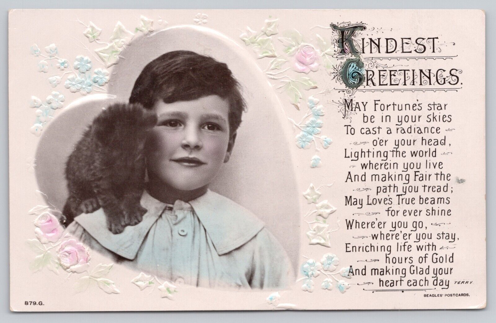 Vintage Postcard Kindest Greetings Boy With His Cat Embossed