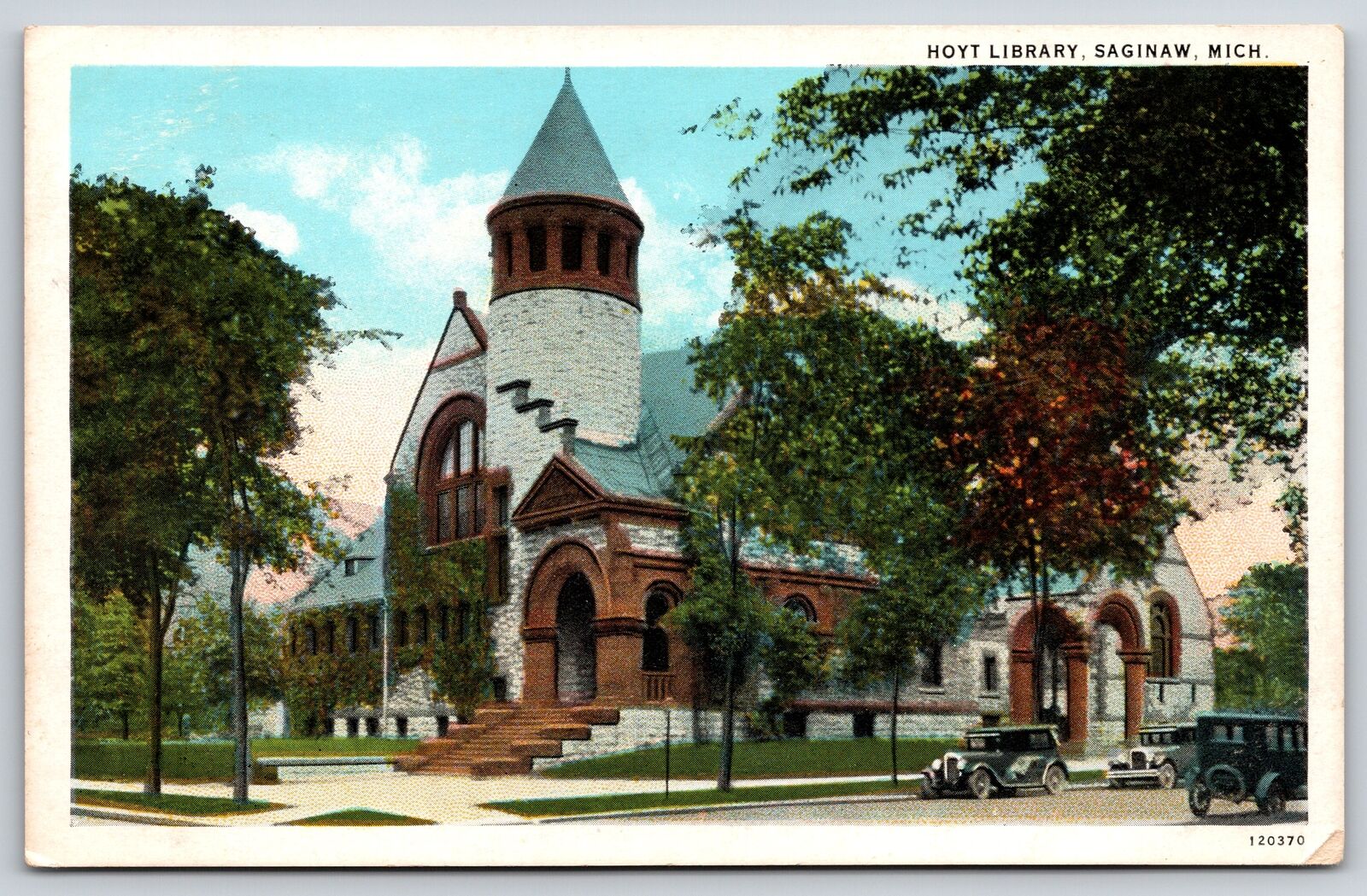 Saginaw Michigan~Hoyt Library From Street Corner~c1920s Autos~Vintage Postcard