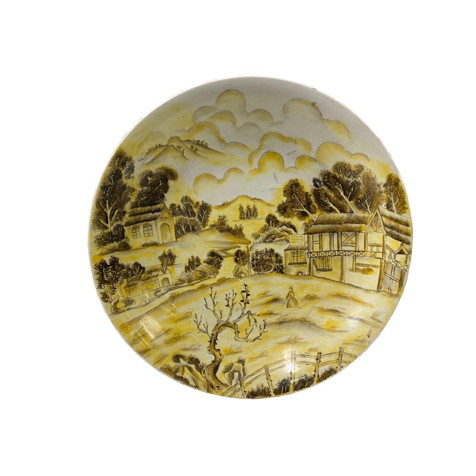 Chinese Yellow White Village Tree Graphic Porcelain Decor Plate ws3300