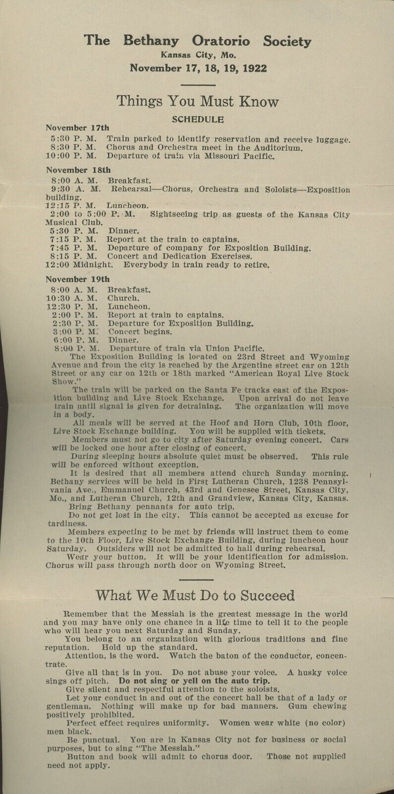 November 17, 18, 19 1922 The Bethany Oratorio Society Schedule and Ephemera