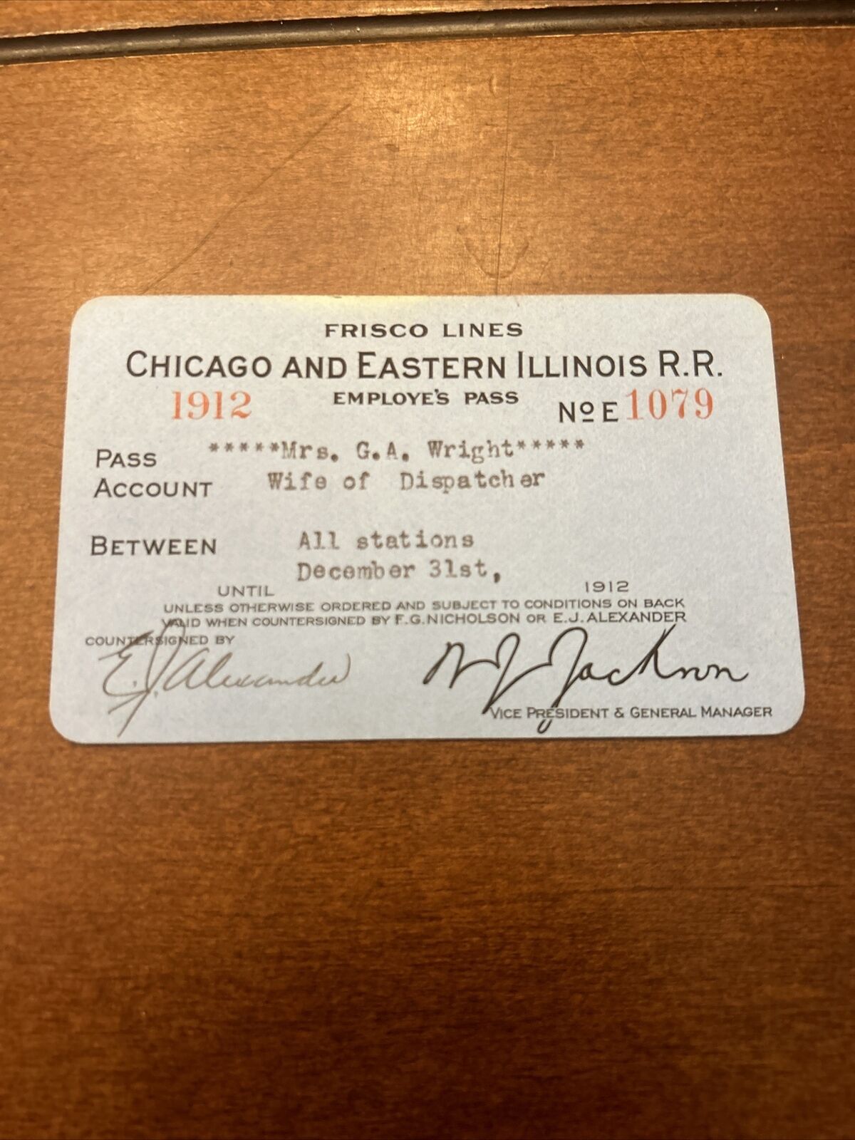 Rare 1912 Chicago & Eastern Illinois  EMPLOYEE Railroad Pass Railway RR Train