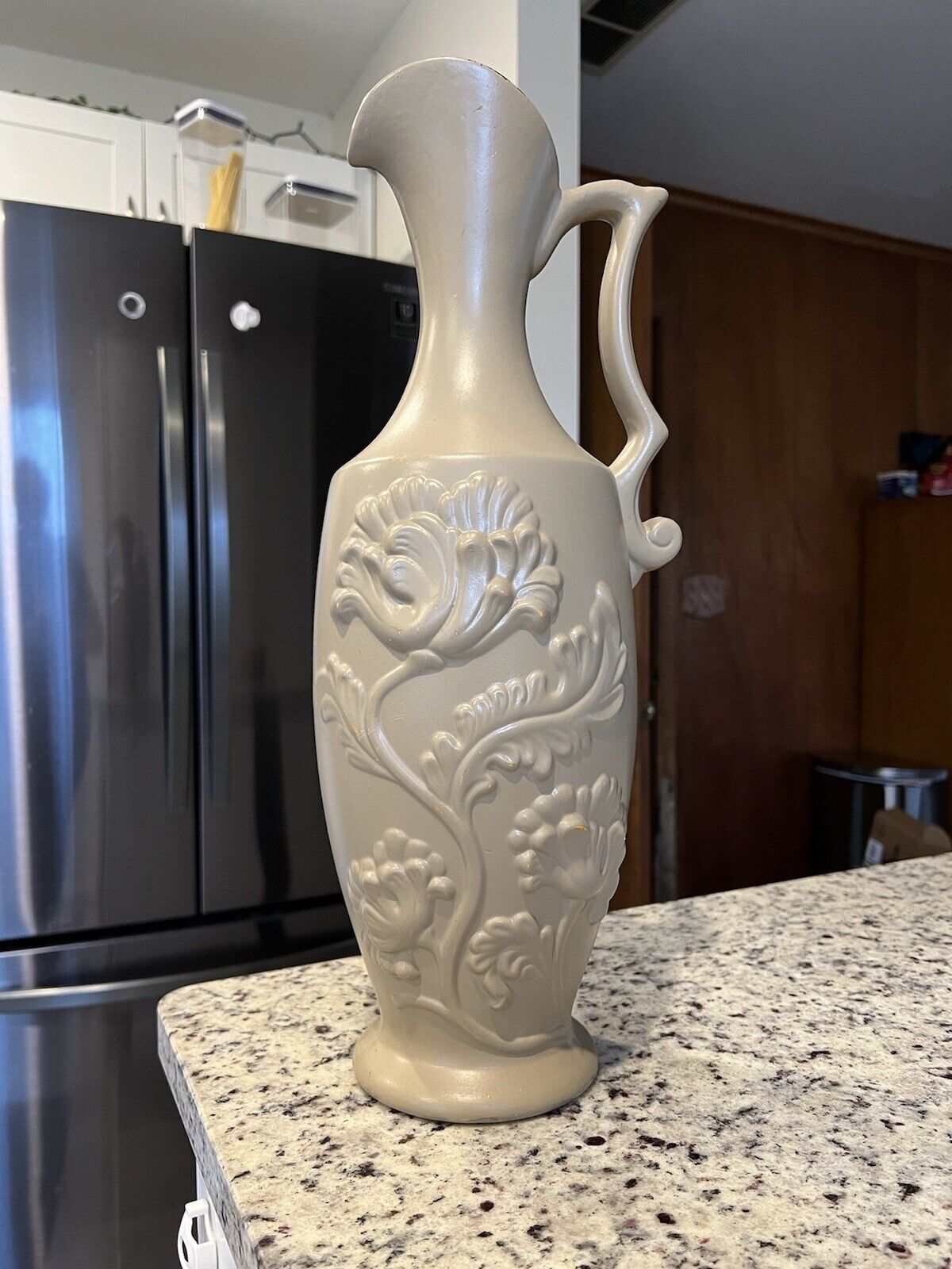 Large ROYAL HAEGER 3D Embossed Floral Flower Art Pottery Tan Vase  18.75\
