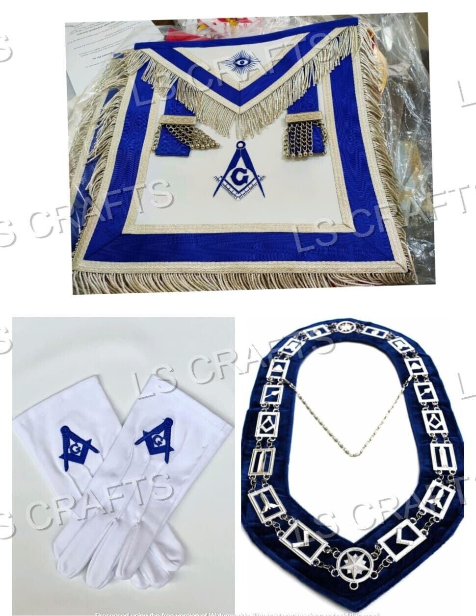 Masonic blue lodge set of apron, chain collar and square compass gloves