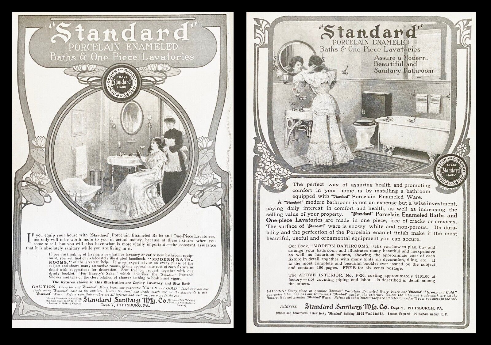 1904-05 STANDARD SANITARY Vtg Bathroom Print Ads~Porcelain Lavatories Tub Toilet