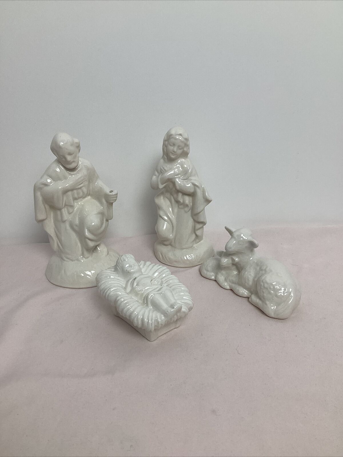 Vtg Atlantic Mold Ceramic Glazed Nativity - 4 Piece set, Mary-Joseph-Jesus-Sheep