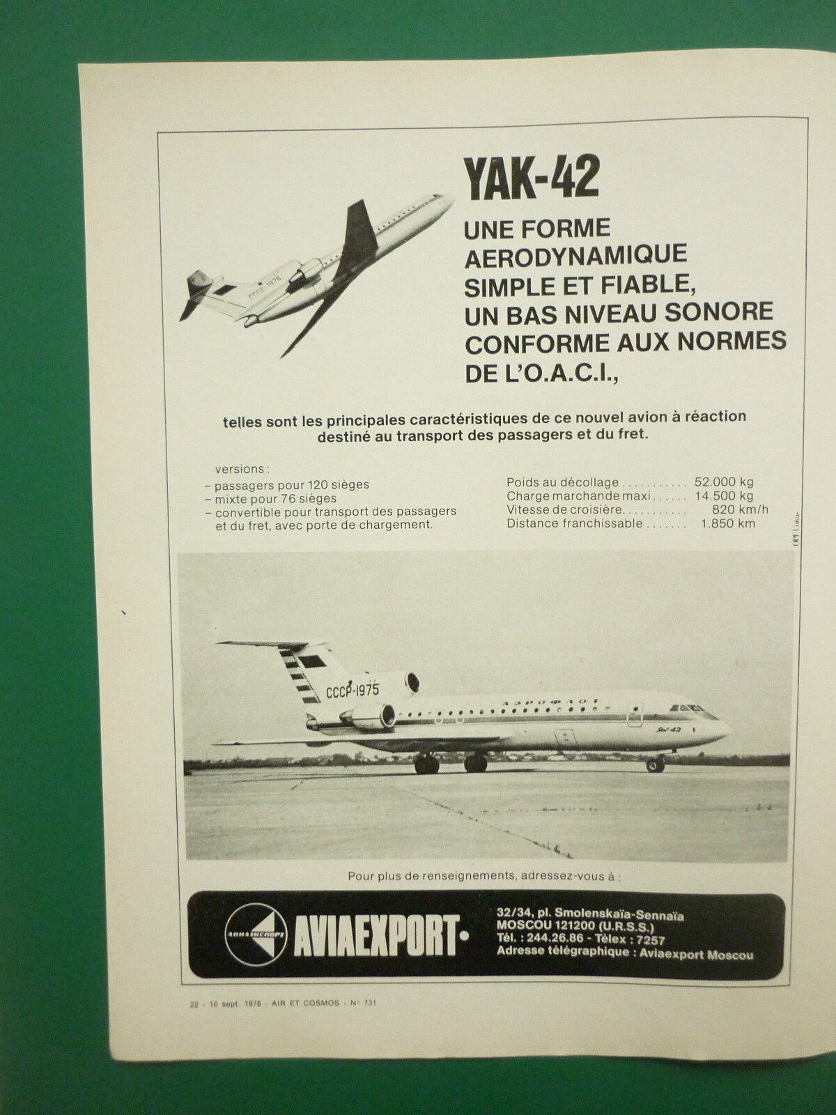 9/1978 PUB AVIAEXPORT USSR MOSCOW CCCP AIRCRAFT YAK-42 AEROFLOT ORIGINAL FRENCH AD