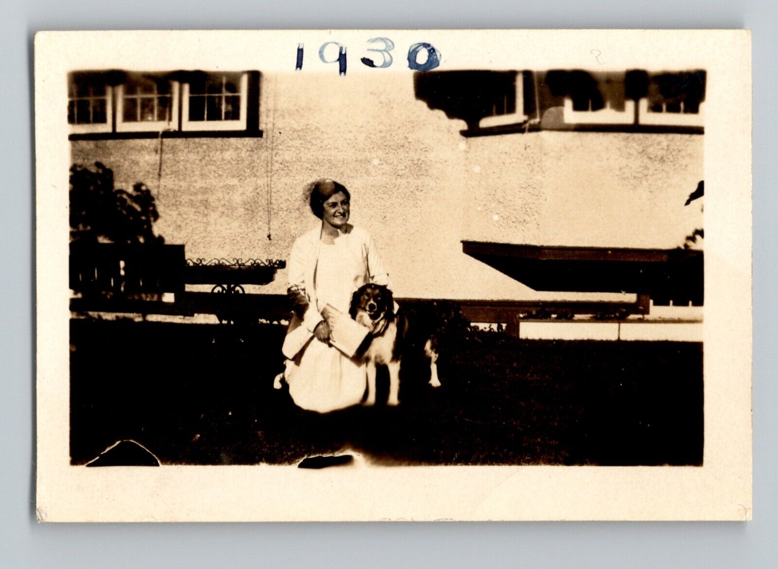 Charming 1930s Vintage Snapshot with Woman and Dog - 1 7/8x2 3/4