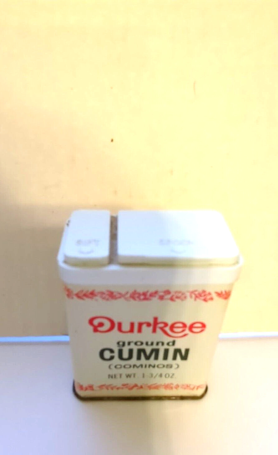Vintage 70's Durkee Ground Cumin *White, Red, Green* Spice Tin 1.75 oz. Great $$