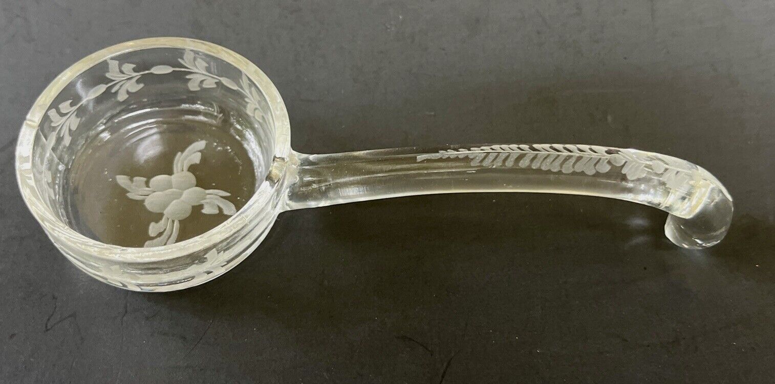 Vintage Depression Clear Glass Condiment Ladle Spoon Etched Flower Leaf 5”