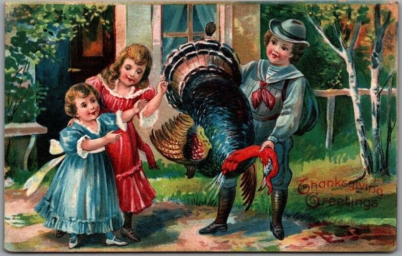 1910s THANKSGIVING Embossed Postcard Proud Dad Shows Off Dead Turkey to Family