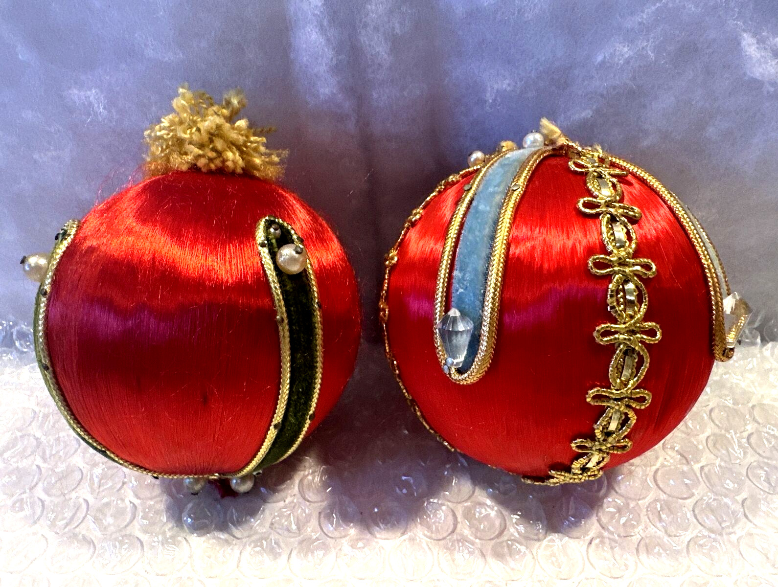 2 Vintage Handmade Red Spun Satin Embellished Push-Pin Christmas Ornaments 3\