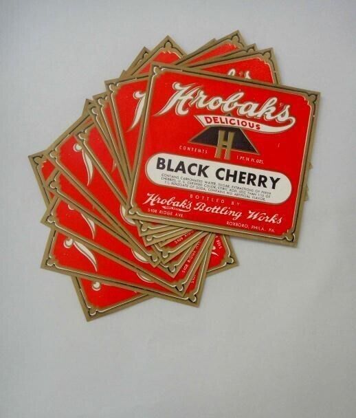 LOT vintage 10 HROBAK\'S BLACK CHERRY SODA LABELS unused ROXBORO PHILA PA