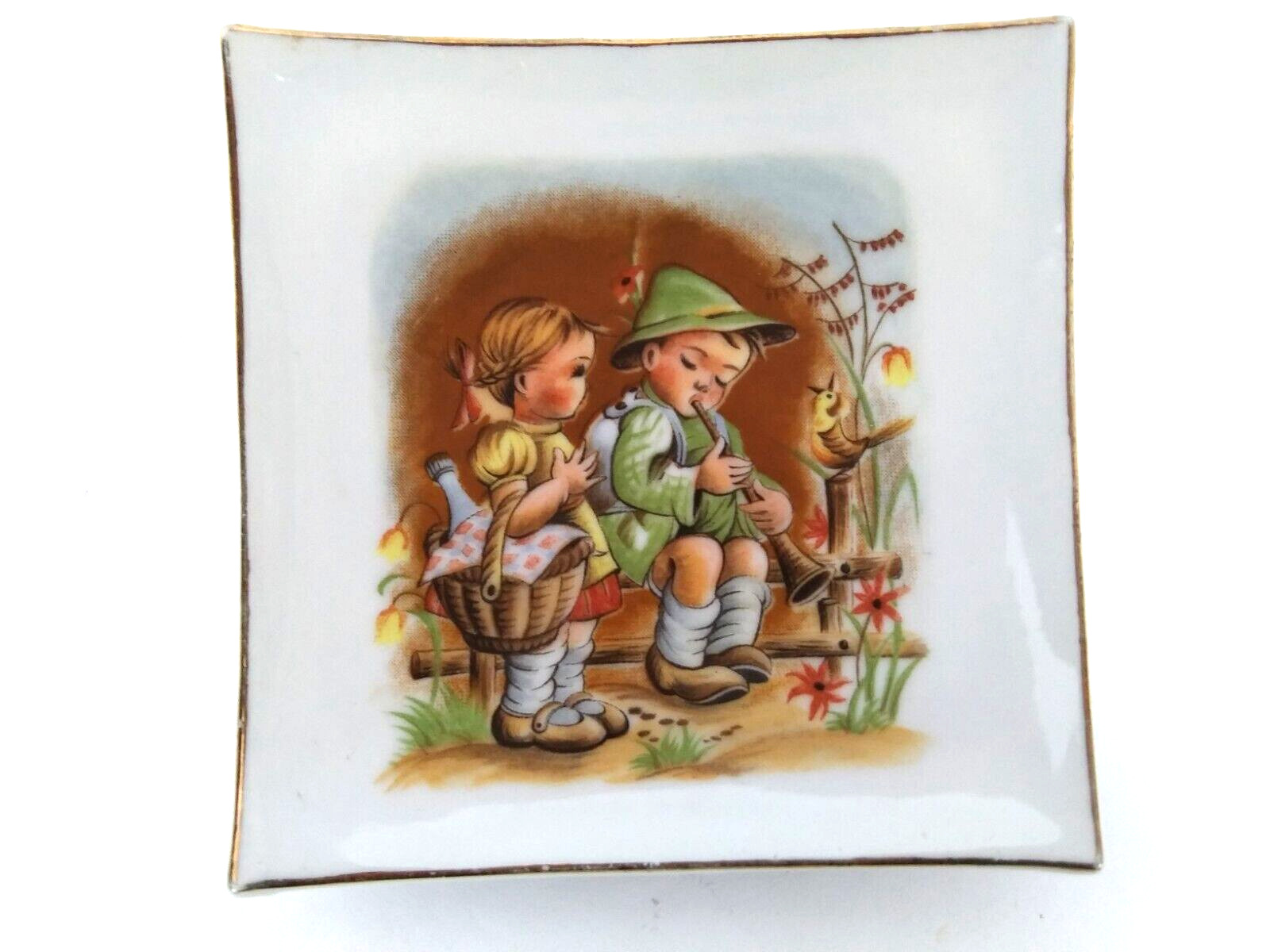Vintage 1960s Hummel Style Square Porcelain Hanging Plate of Children\'s Picnic