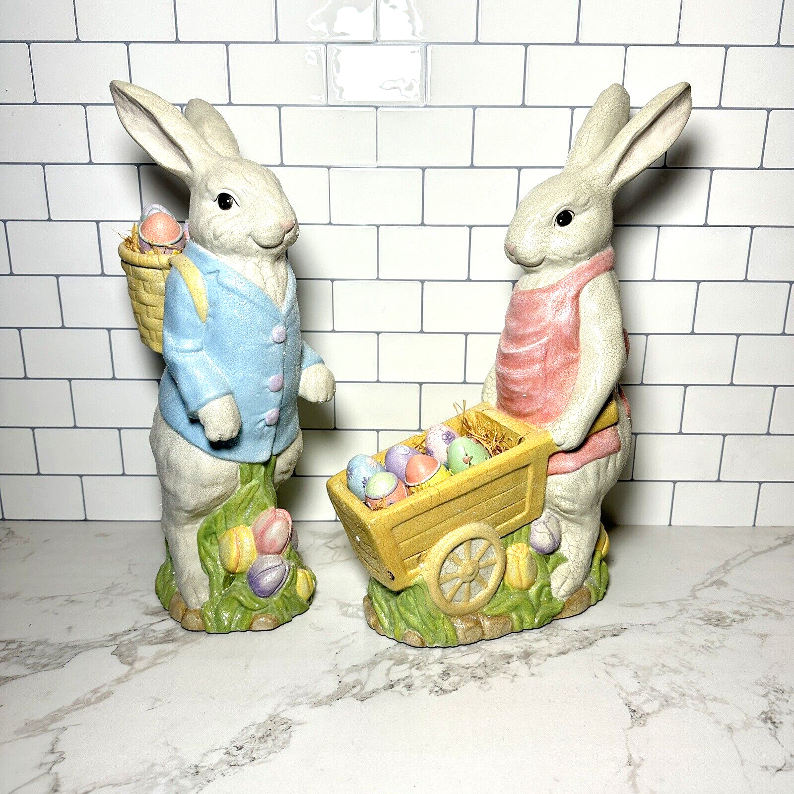 Pair Vintage Style 16” Ceramic Easter Bunnies & 9 eggs Costco 1990 With box
