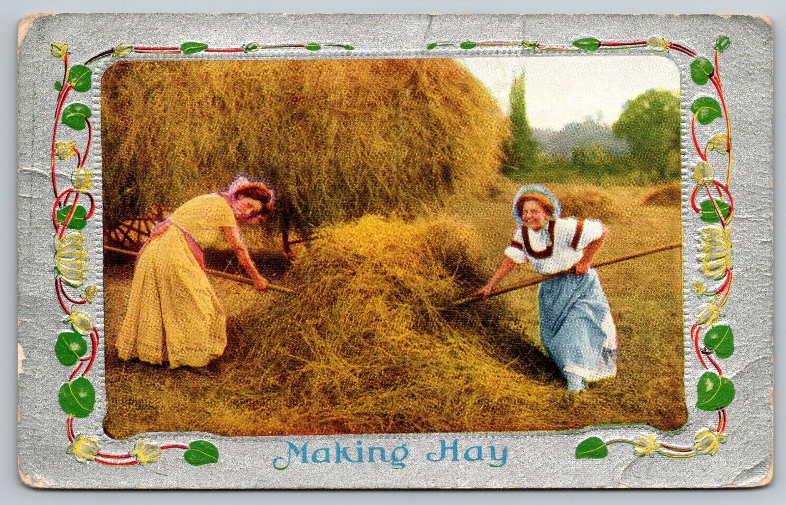 1910s Humor Making Hay Farm Women Pitchfork Haystack Farming Joke Old Postcard