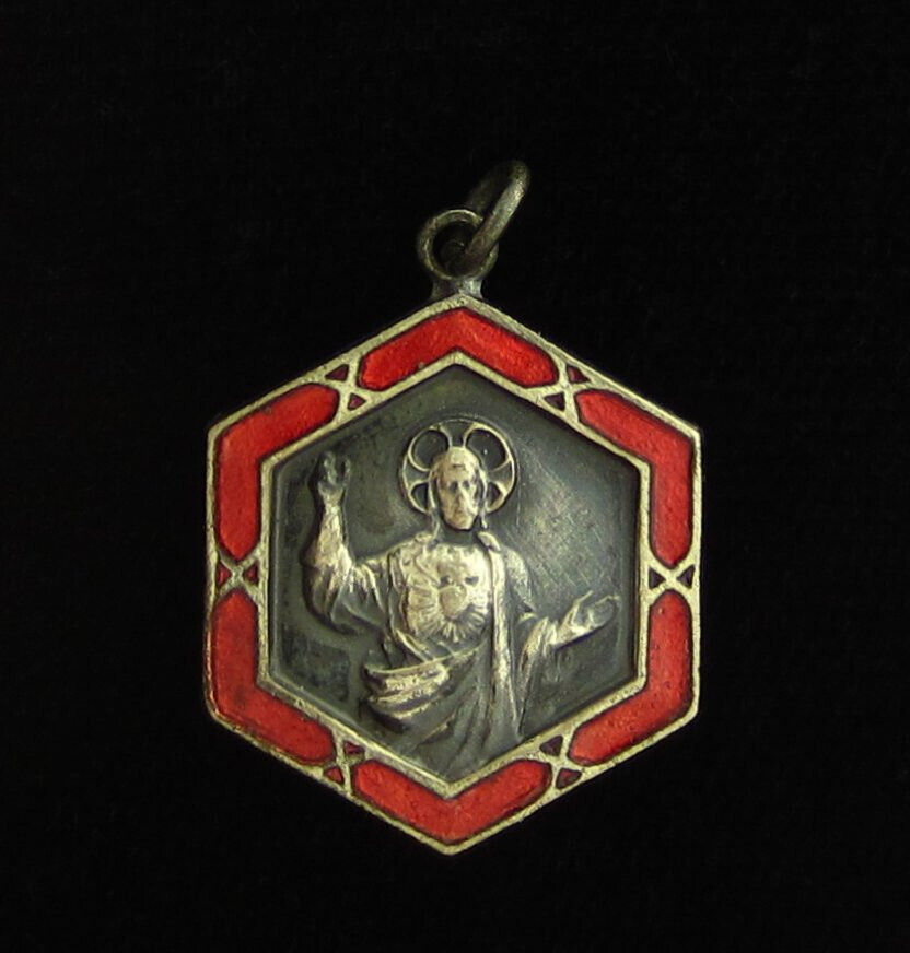 Vintage Sacred Heart of Jesus Red Acrylic Medal Religious Catholic Virgin Mary