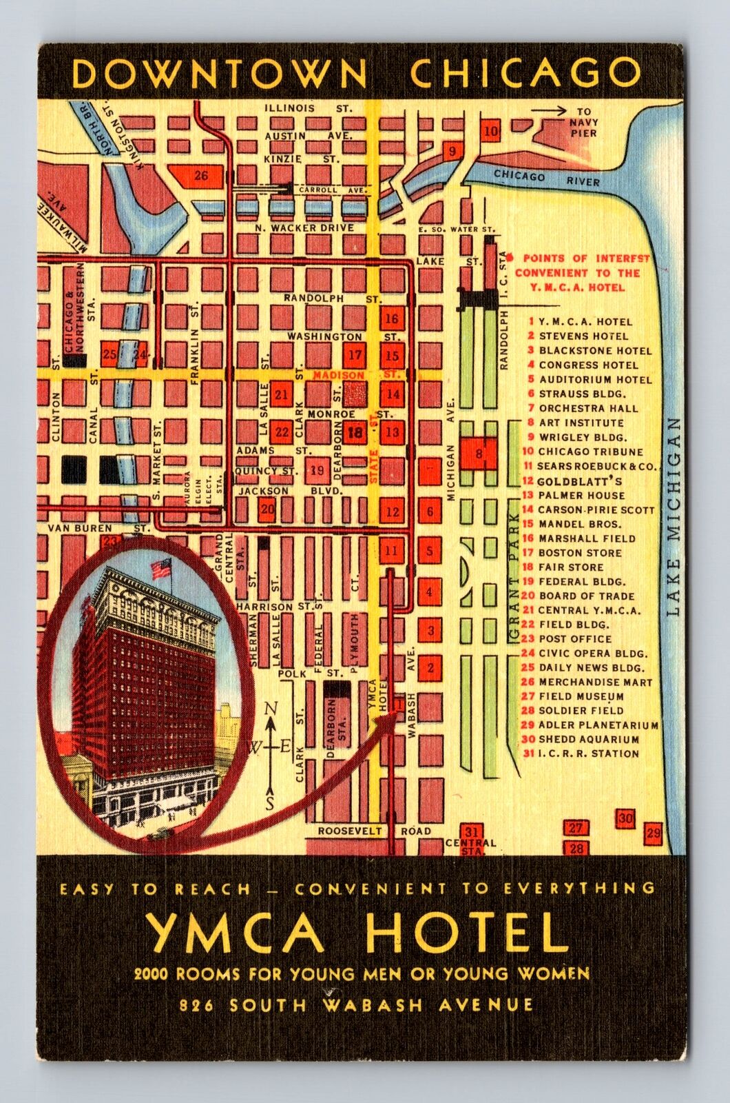 Chicago IL-Illinois, YMCA Hotel, Advertising, Antique Vintage Postcard