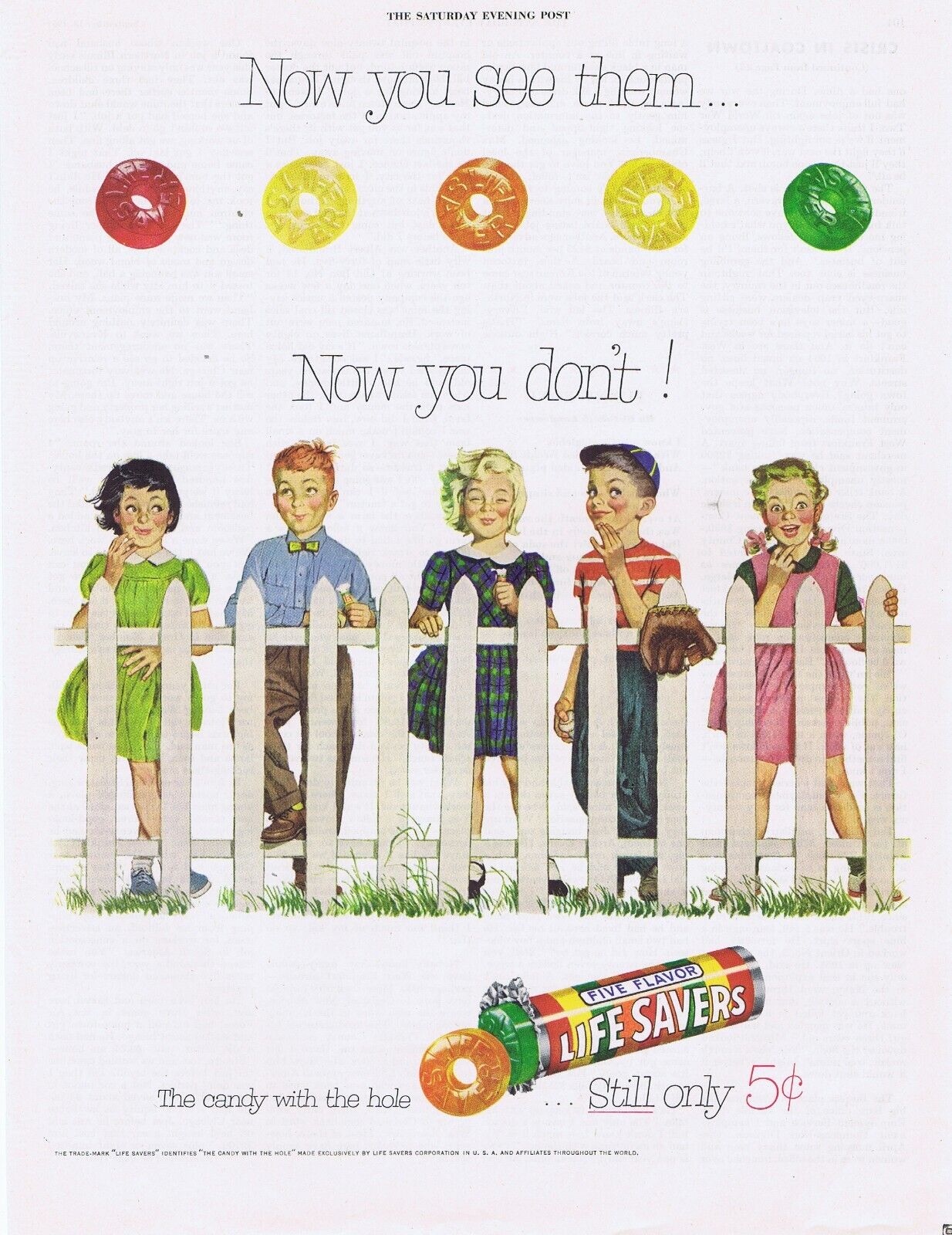 1954 Original LIFE SAVERS CANDY Vintage Ad KIDS AT WHITE PICKET FENCE - FIFTIES