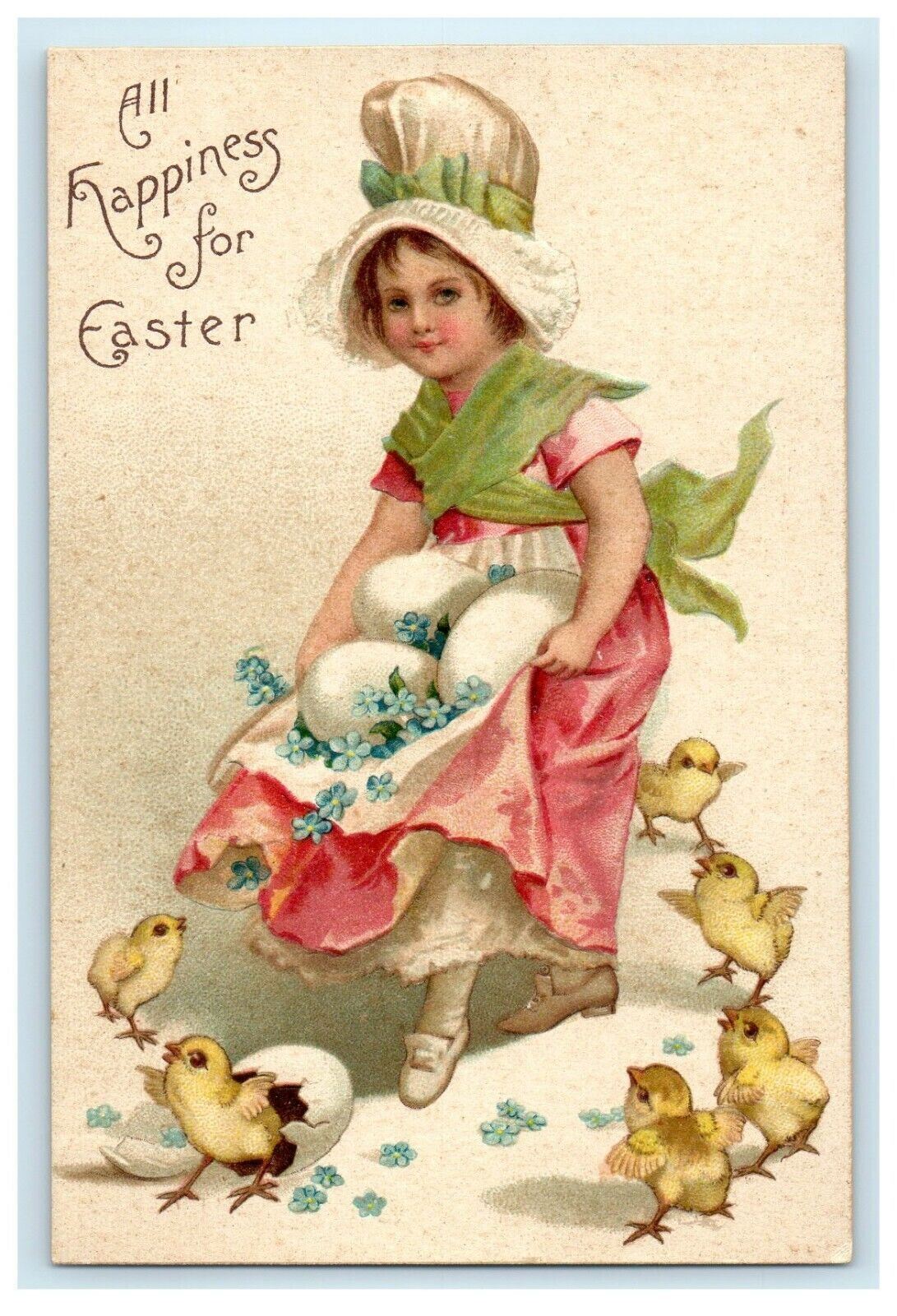 Easter Girl With Eggs Chicks Flowers Clapsaddle Embossed Antique Postcard